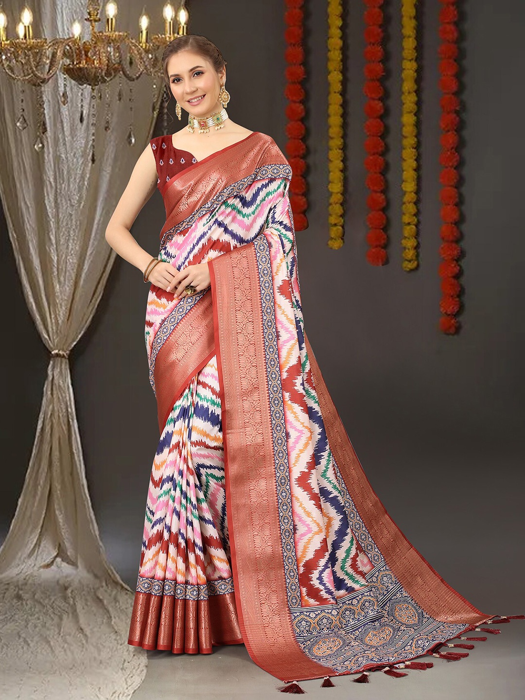 

MARGI DESIGNERS Ikat Printed Zari Banarasi Saree, Maroon