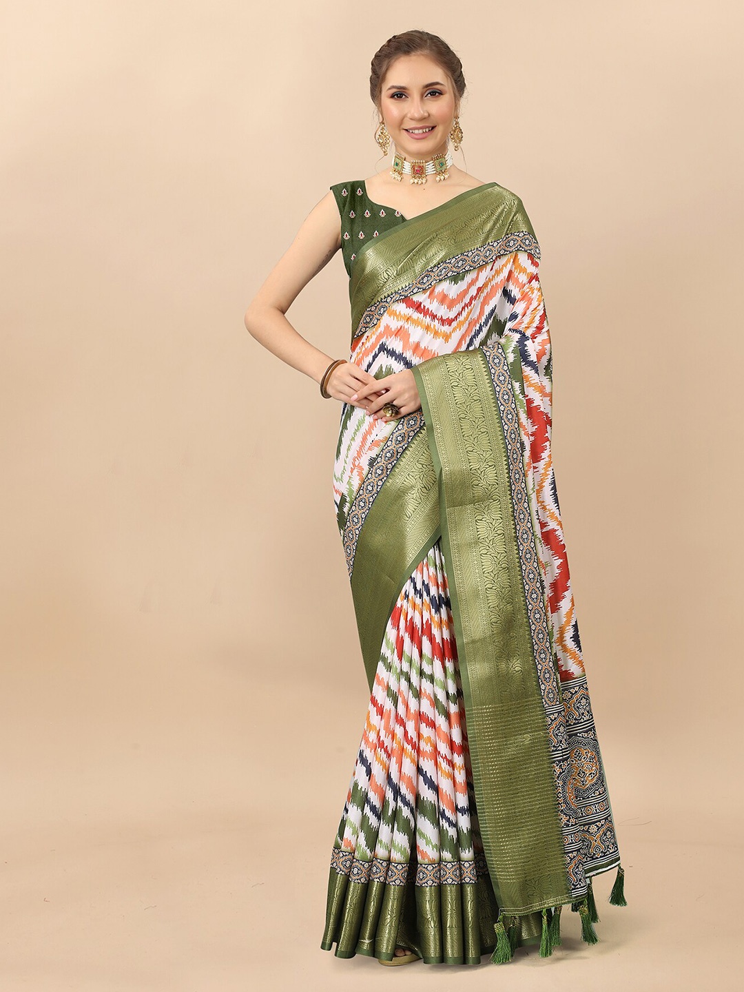 

MARGI DESIGNERS Abstract Printed Woven Design Border Banarasi Saree, White