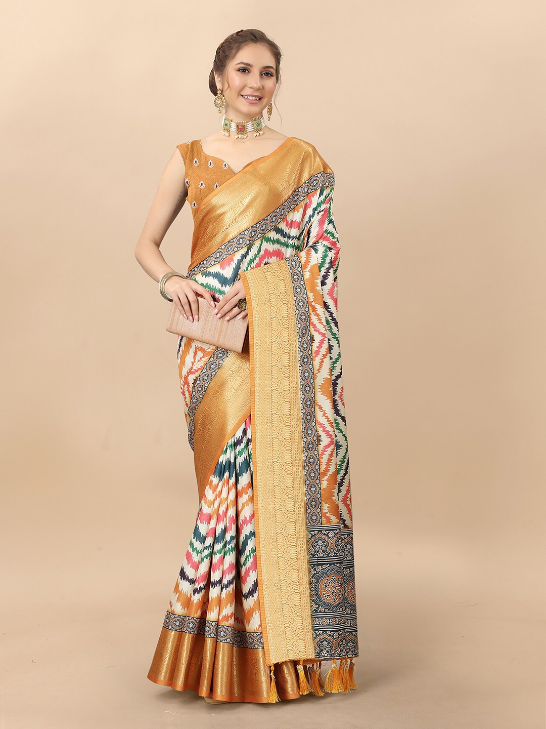 

MARGI DESIGNERS Chevron Printed Zari Banarasi Saree, Yellow