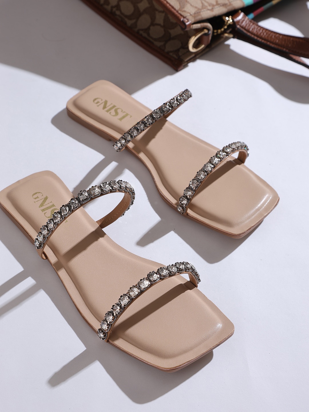 

GNIST Embellished Open Toe Flats, Beige