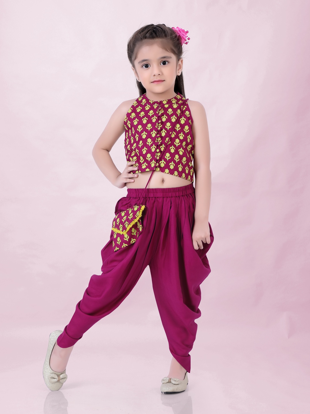 

Lil Peacock Girls Floral Printed Ethnic Top with Dhoti Pants, Blue