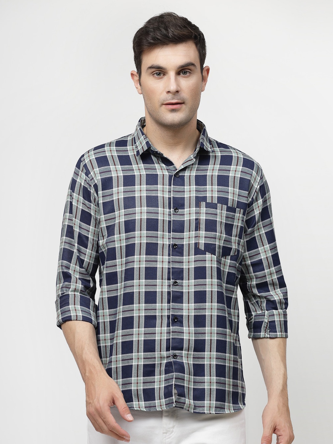 

ADWYN PETER Tartan Checked Spread Collar Casual Shirt, Navy blue