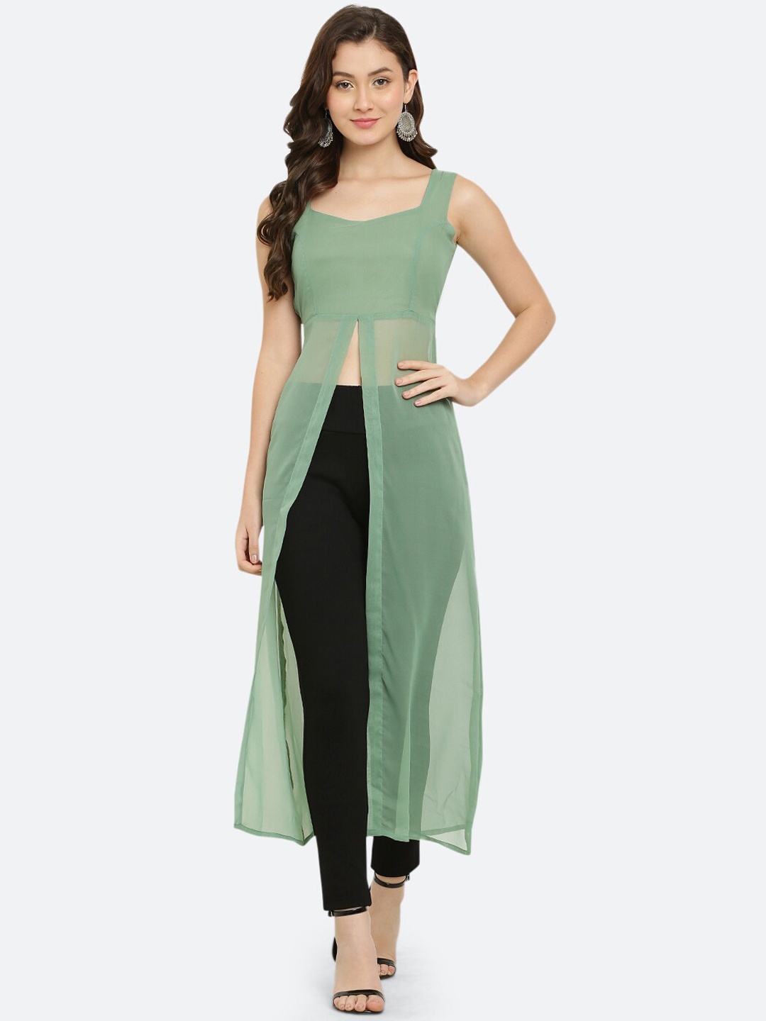 

VESICLE Sweet Heart Neck Sleeveless Georgette High Slit Kurta, Sea green