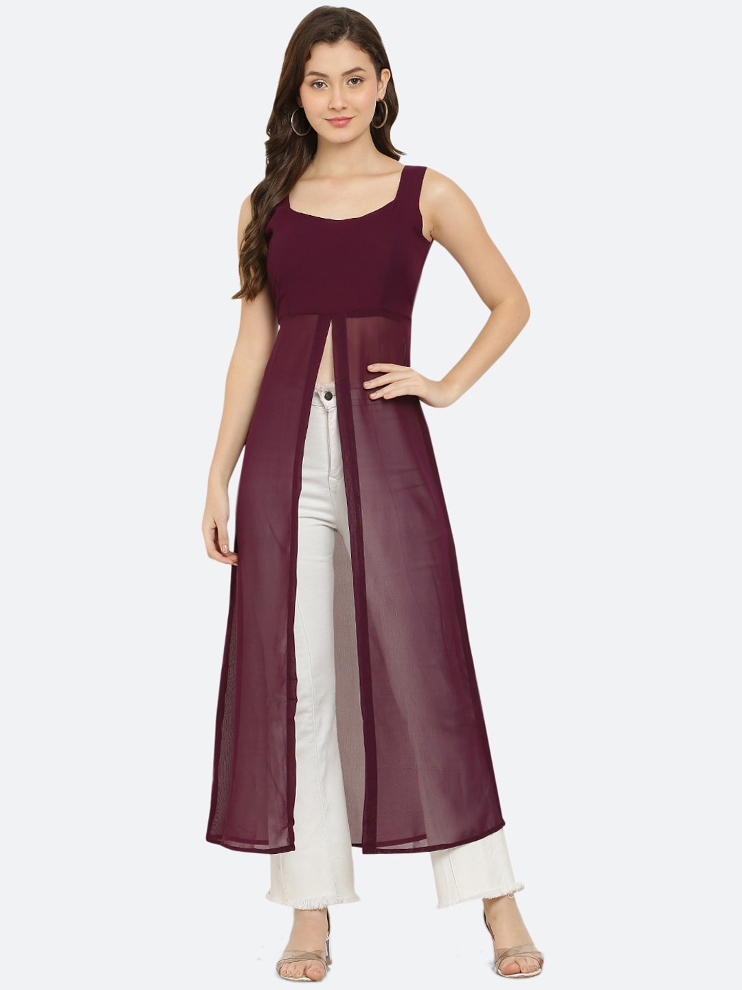 

VESICLE Sweet Heart Neck Sleeveless Georgette High Slit Kurta, Purple