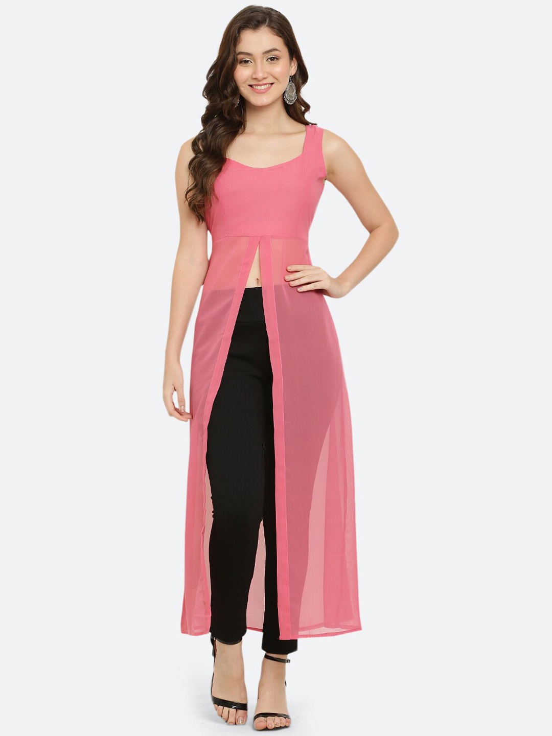 

VESICLE Round Neck Front Slit Georgette Straight Kurta, Pink