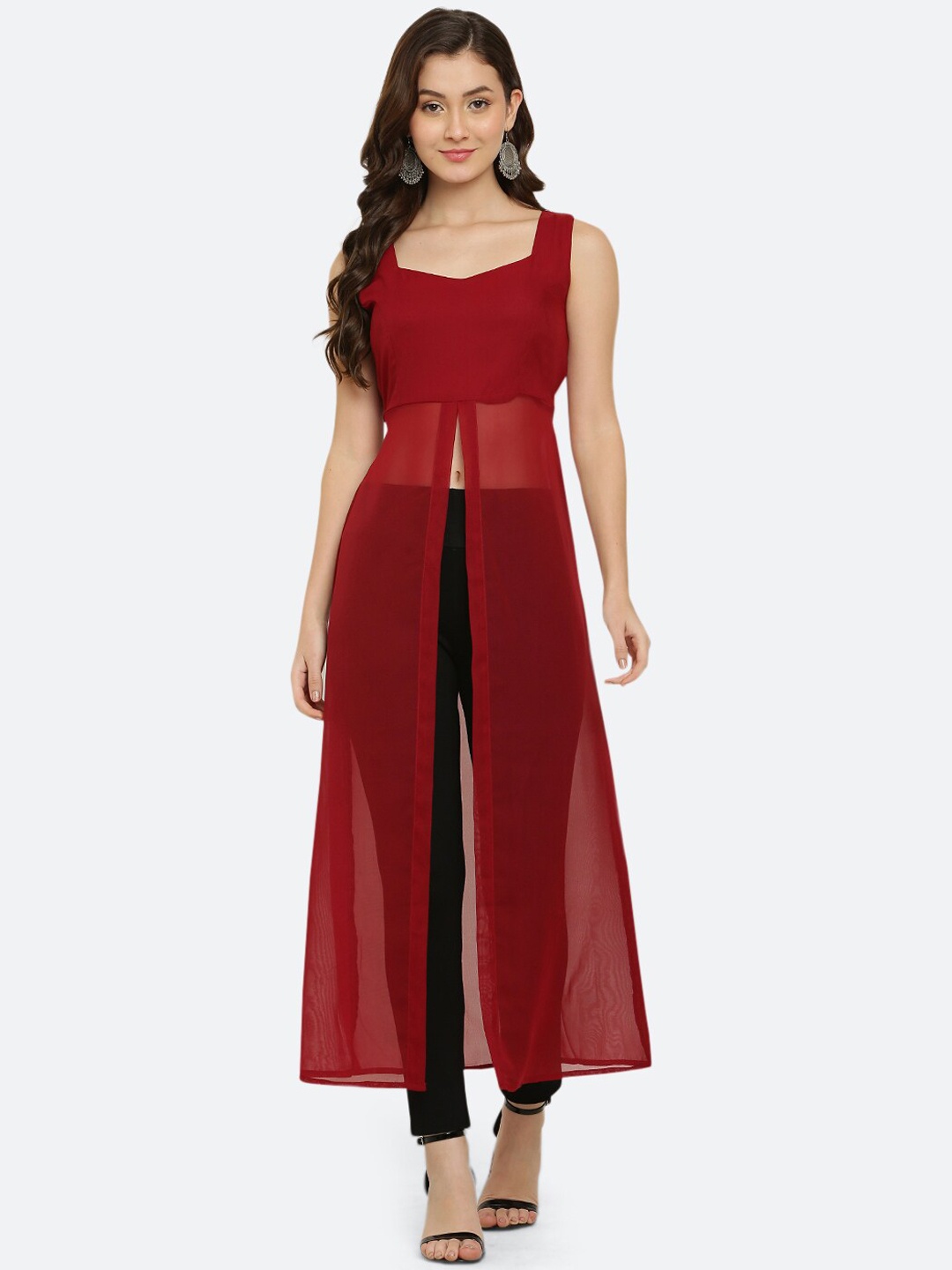 

VESICLE Sweetheart Neck High-Slit Georgette Kurta, Maroon