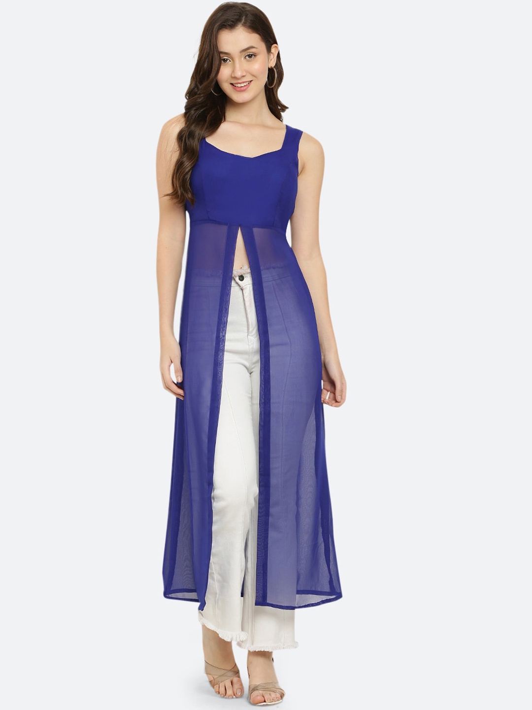 

VESICLE Sweetheart Neck High-Slit Georgette Kurta, Blue