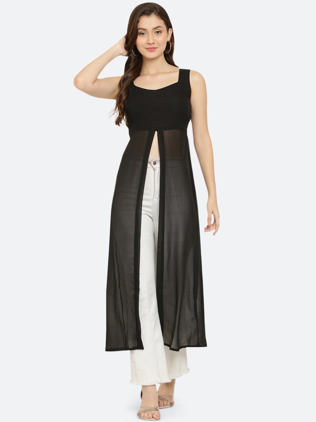 

VESICLE Sweetheart Neck High-Slit Georgette Kurta, Black