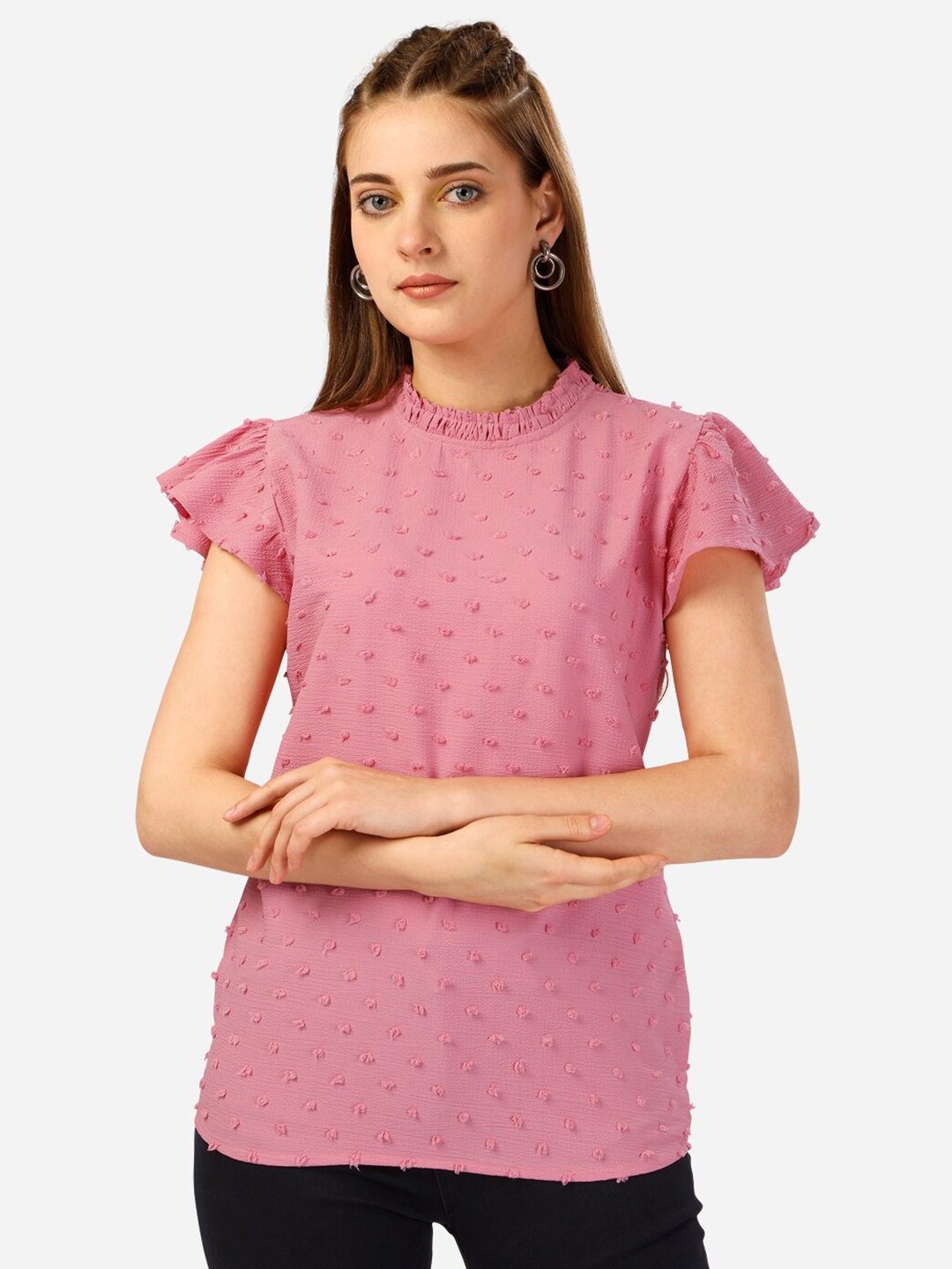 

Warthy Ent Self Design Flared Sleeves Cotton Top, Pink