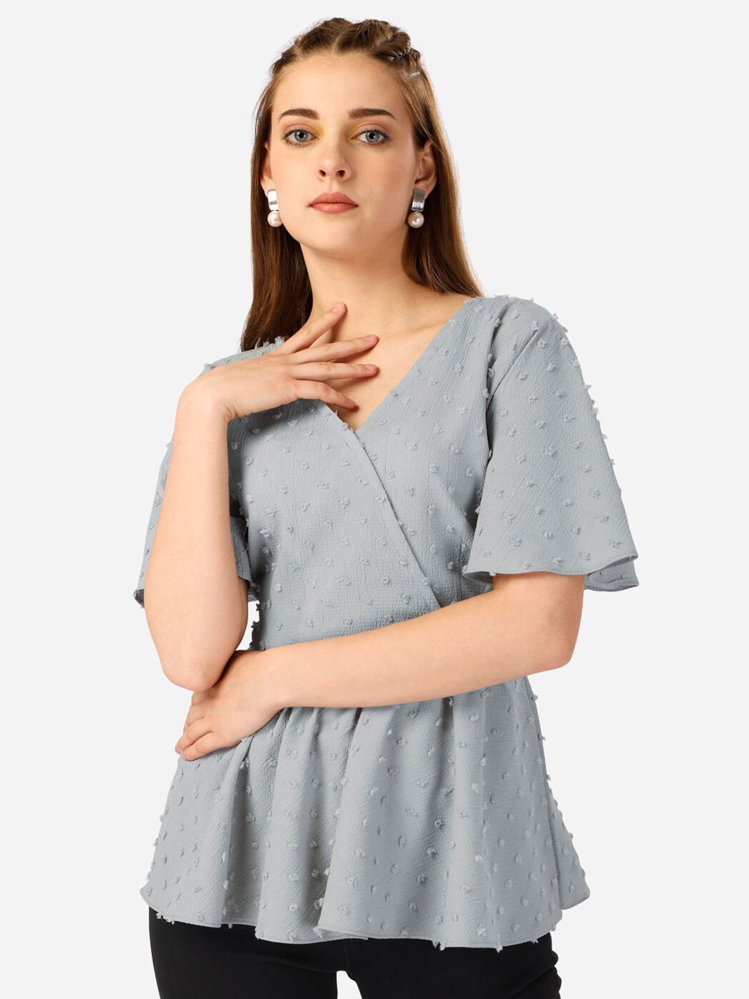 

Warthy Ent Self Design V-Neck Cotton Peplum Top, Grey