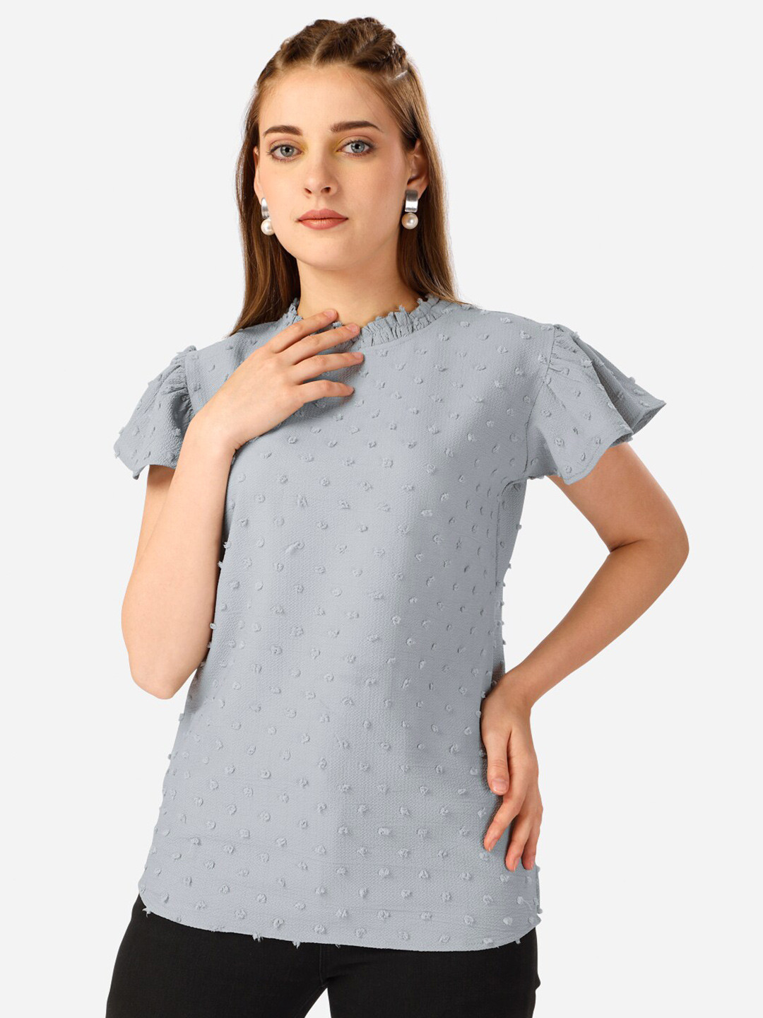 

Warthy Ent Self Design Flutter Sleeve Cotton Top, Grey
