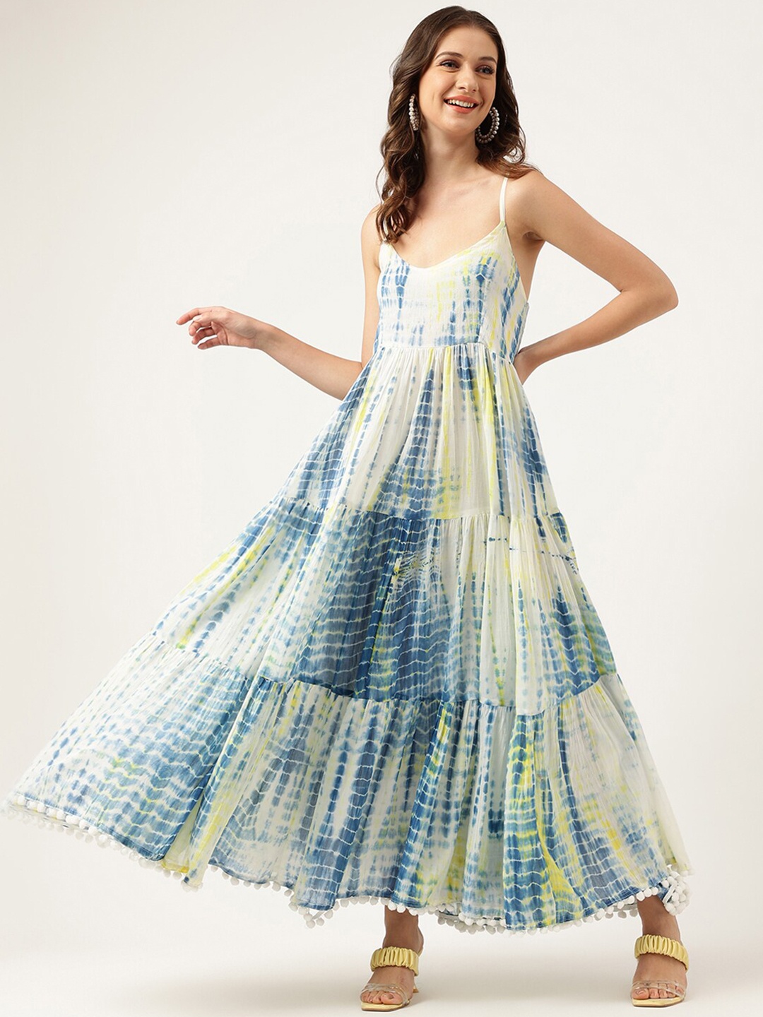 

Divena Tie and Dyed with Pom-Pom Detail Maxi Dress, Blue