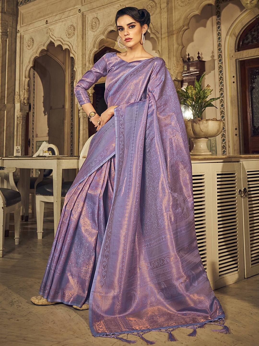 

Mitera Purple Floral Woven Design Zari Saree