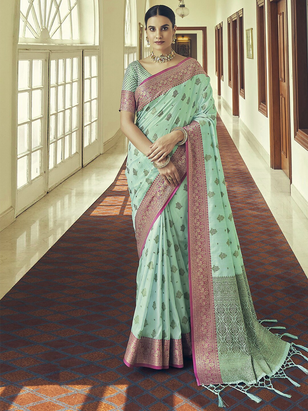 

Mitera Woven Design Zari Art Silk Banarasi Saree, Turquoise blue