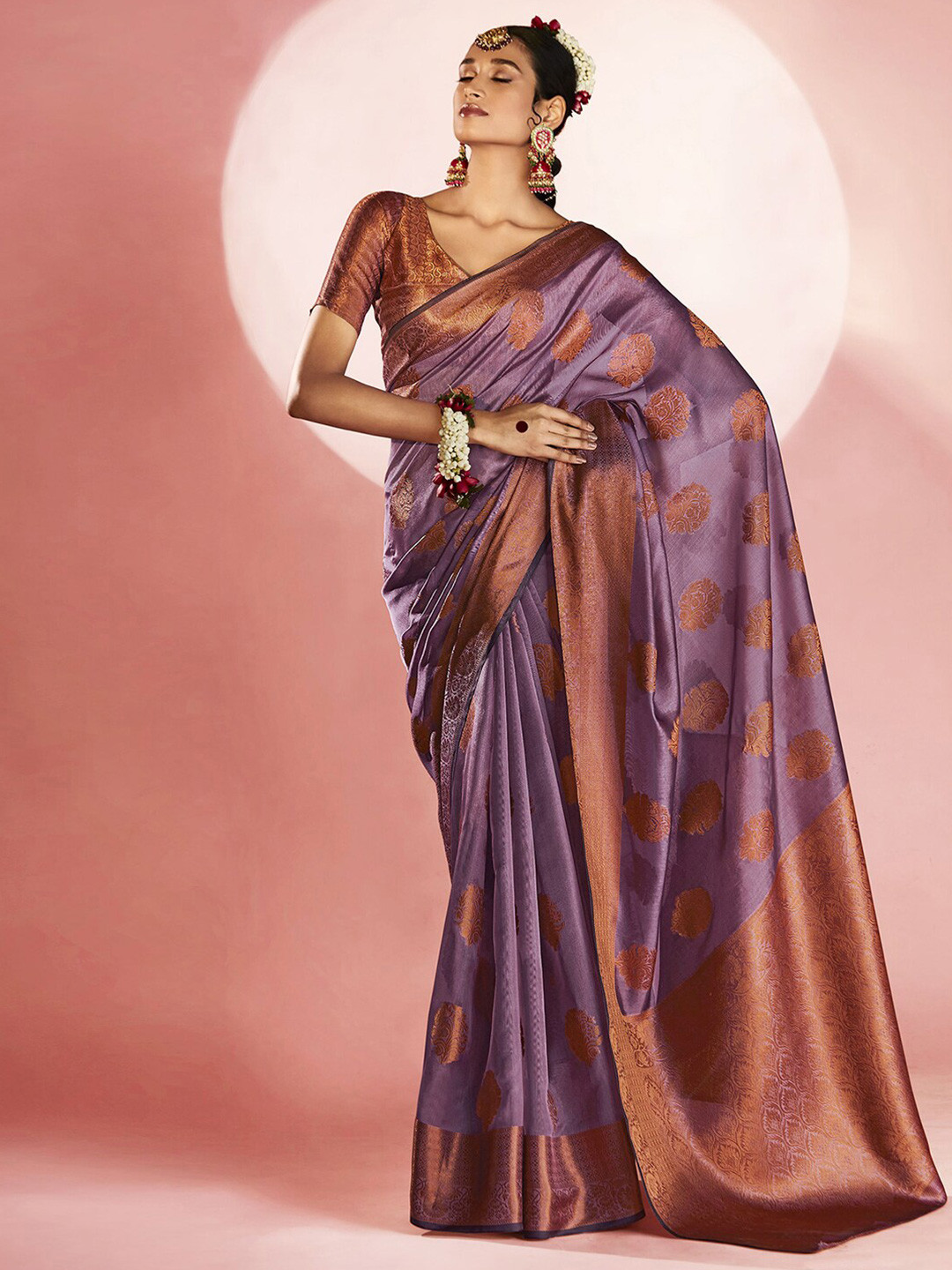 

Mitera Purple & Copper-Toned Floral Woven Design Zari Organza Banarasi Saree
