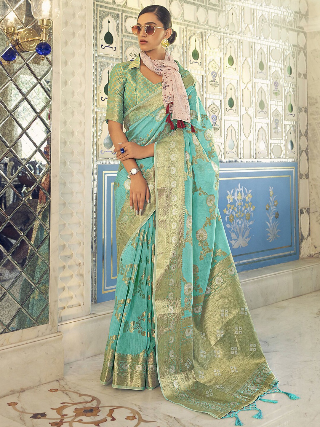 

Mitera Turquoise Blue & Gold-Toned Floral Woven Design Zari Banarasi Saree