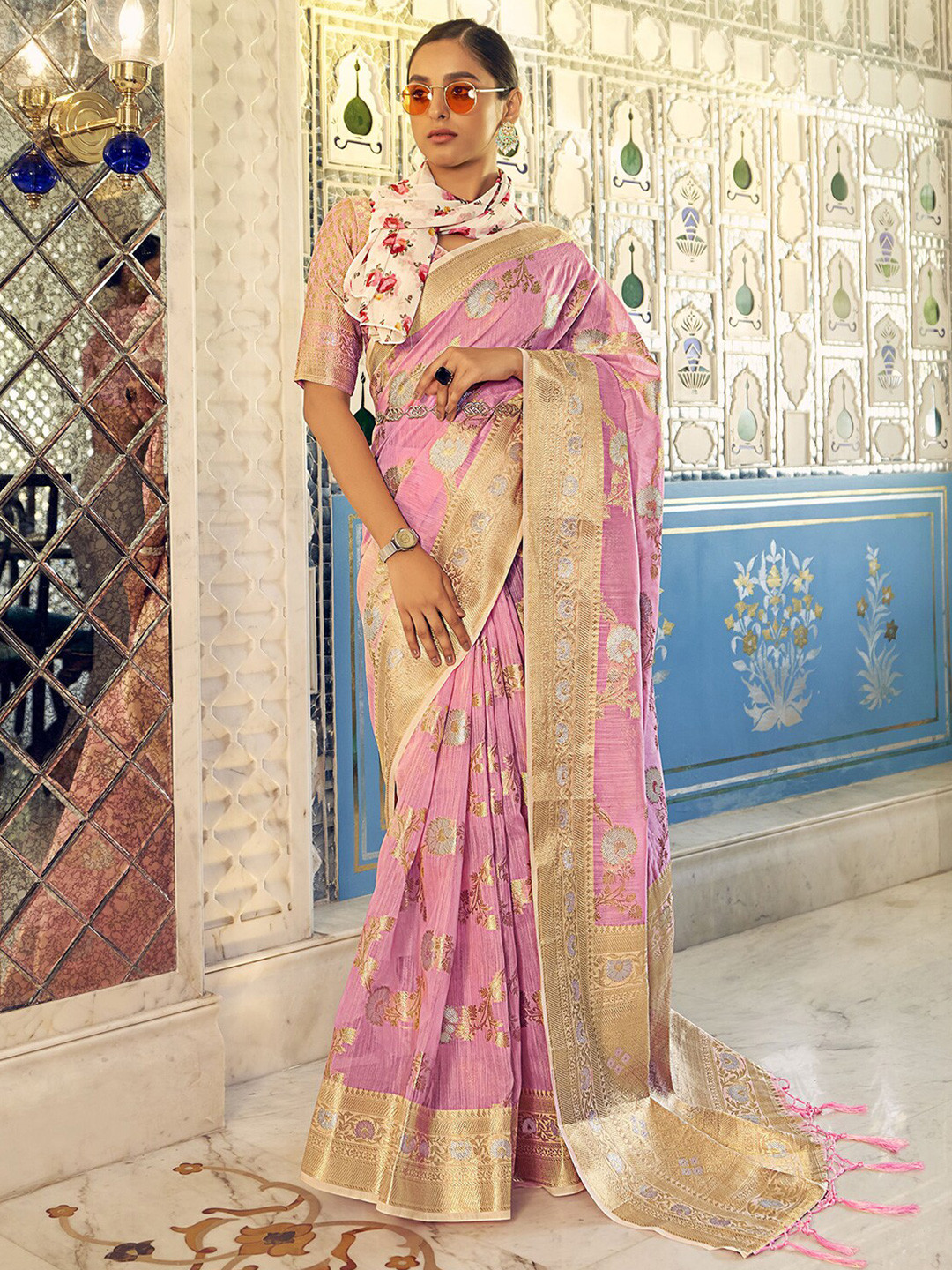 

Mitera Pink & White Woven Design Zari Banarasi Saree