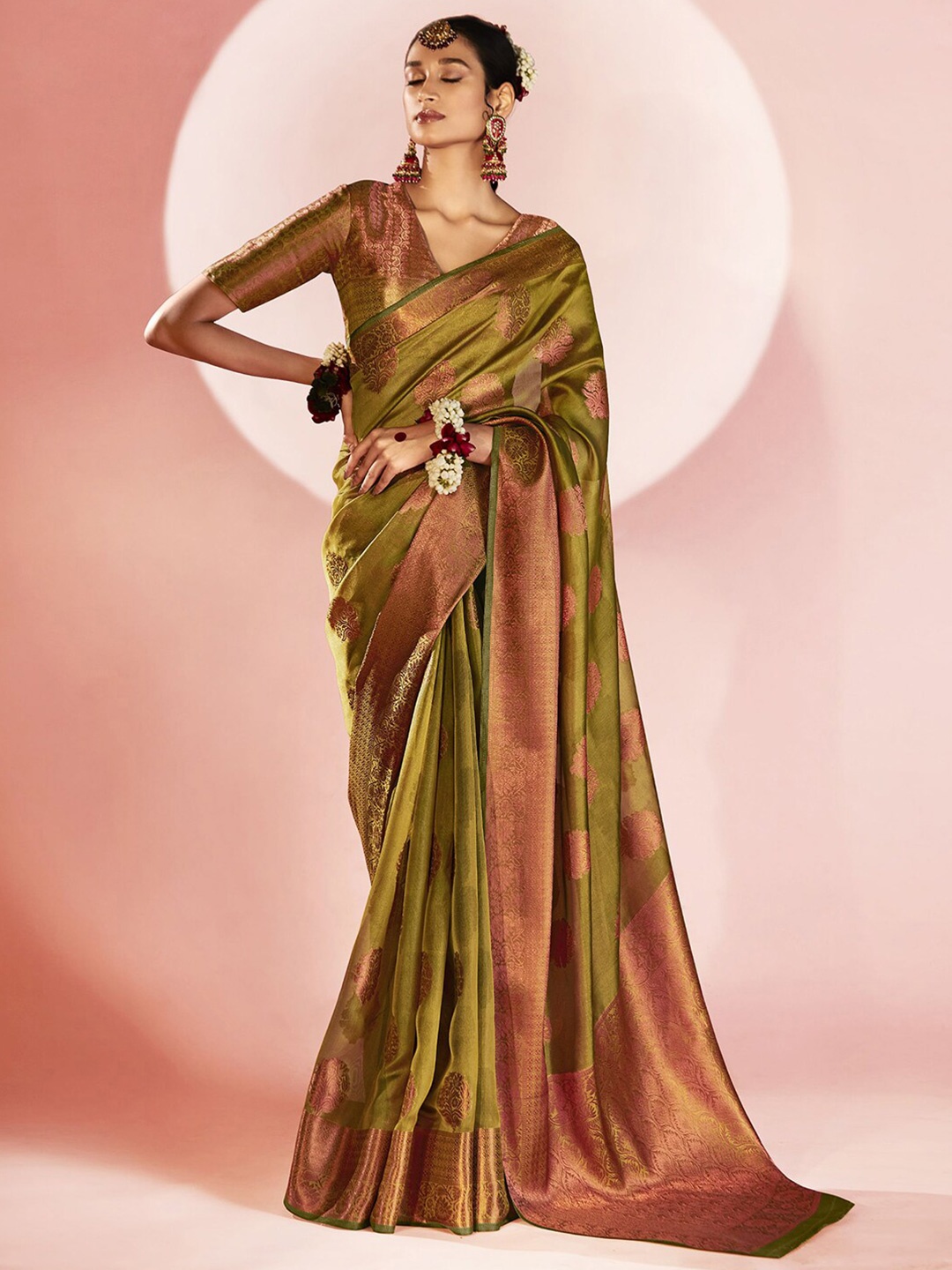 

Mitera Olive Green & Gold-Toned Woven Design Zari Banarasi Saree