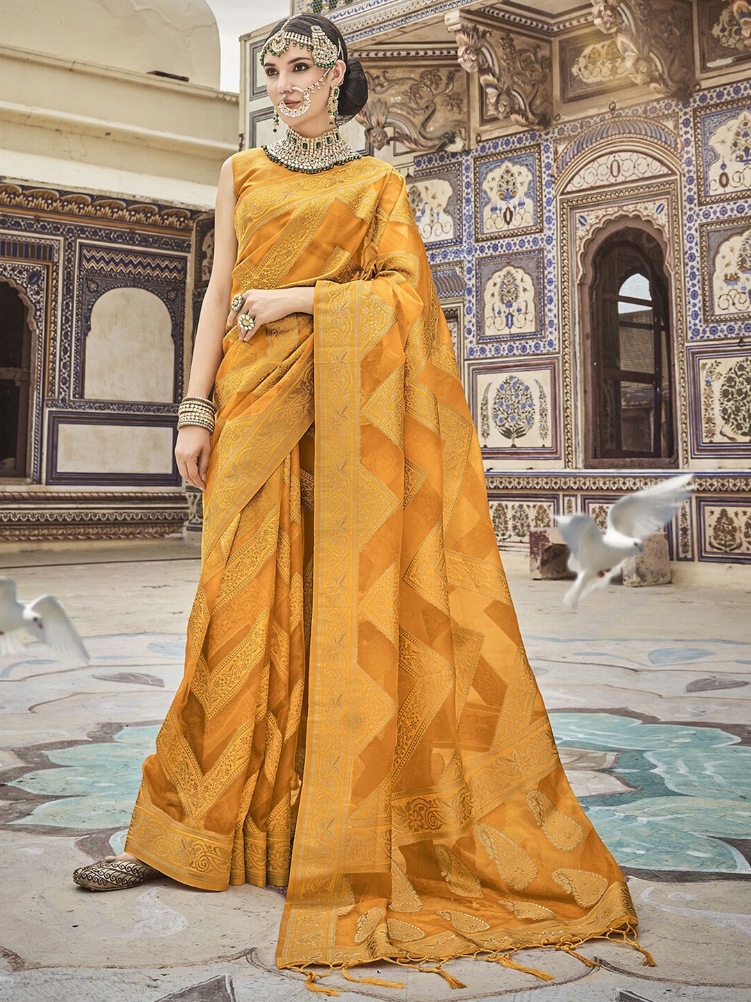 

Mitera Woven Design Zari Organza Banarasi Saree, Yellow