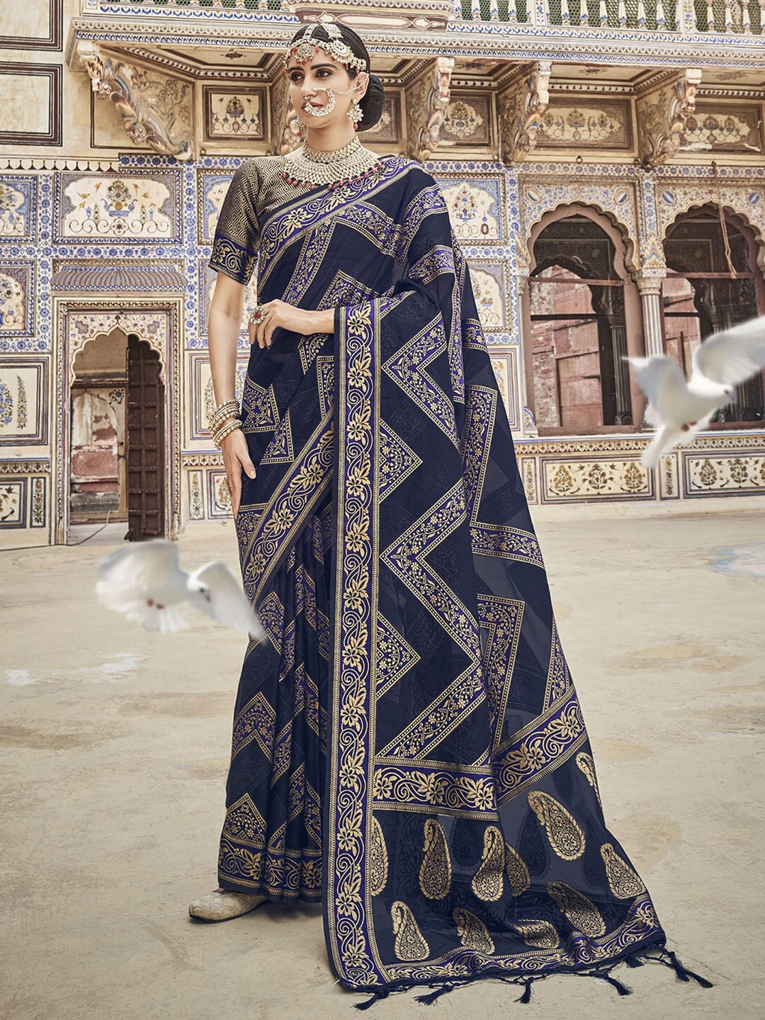 

Mitera Woven Design Zari Organza Banarasi Saree, Navy blue