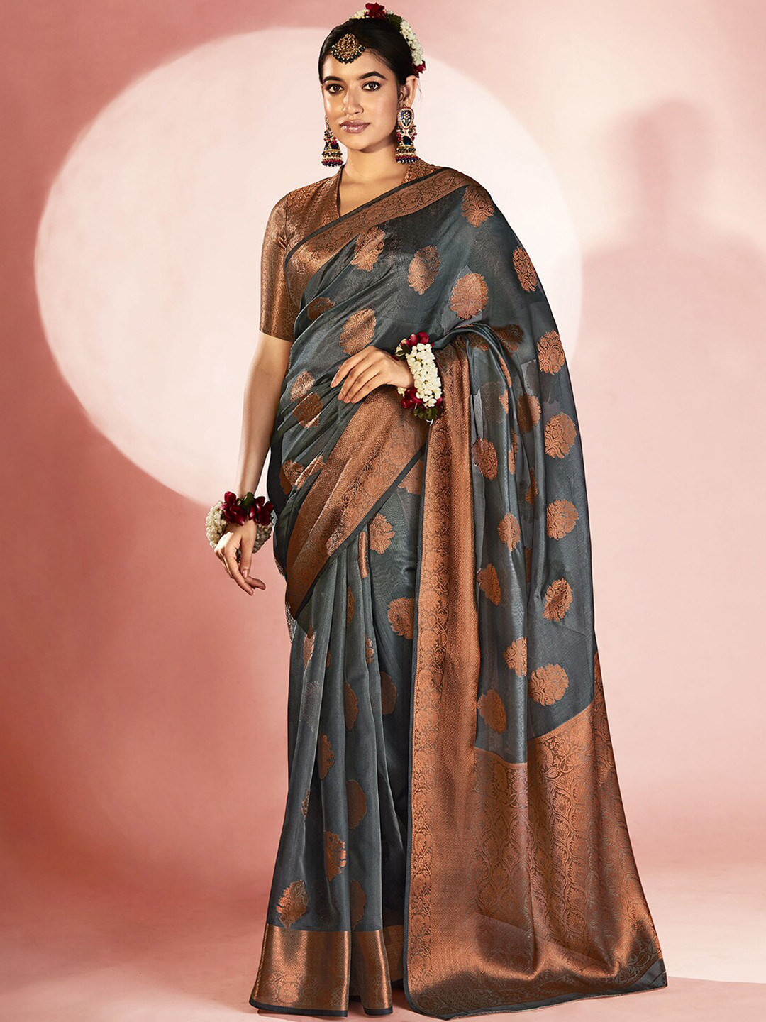 

Mitera Grey & Copper-Toned Floral Woven Design Zari Organza Banarasi Saree