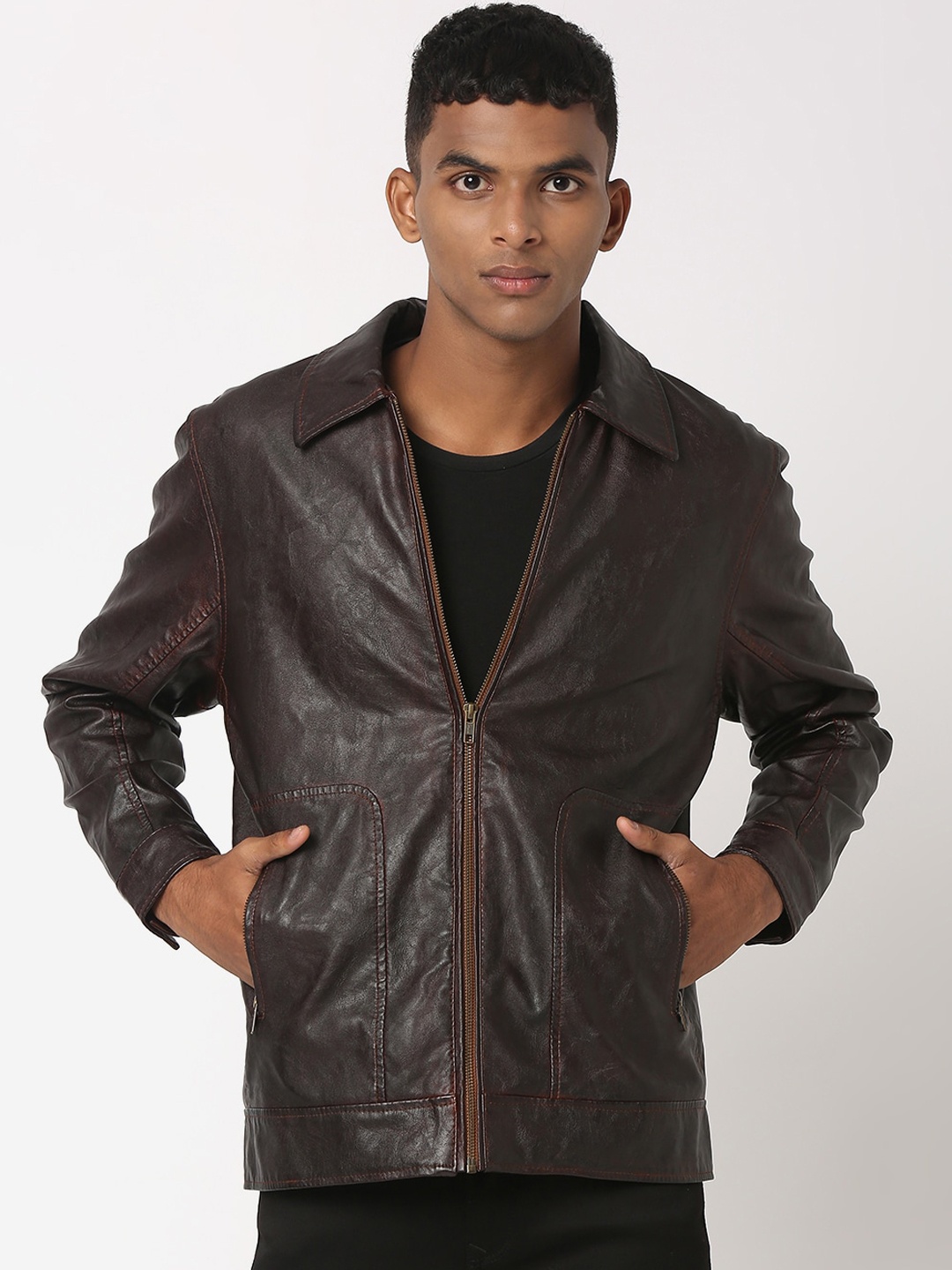 

Mufti Spread Collar Leather Jacket, Brown