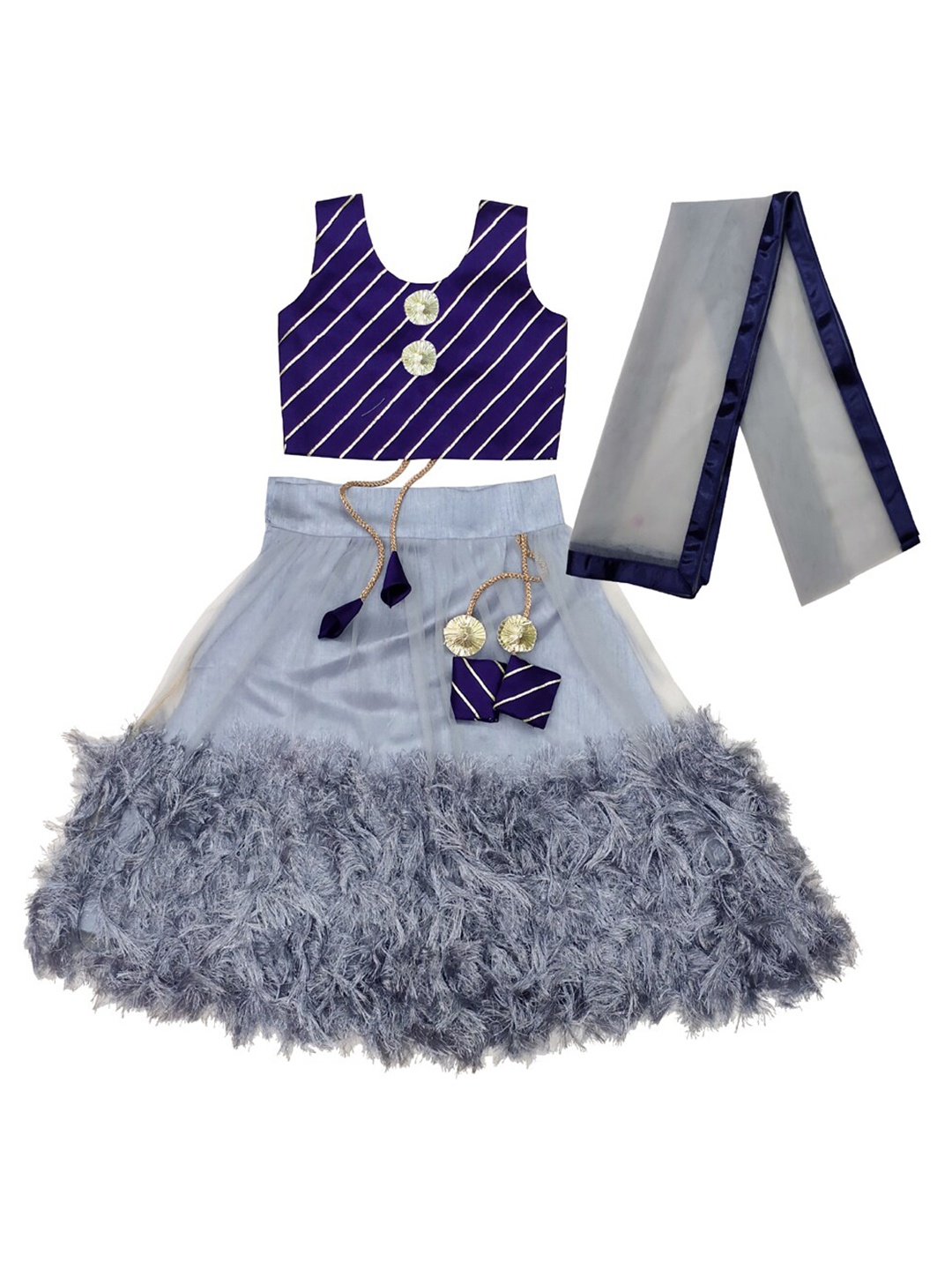 

BAESD Girls Fringed Detail Lehenga & Striped Blouse With Dupatta, Grey