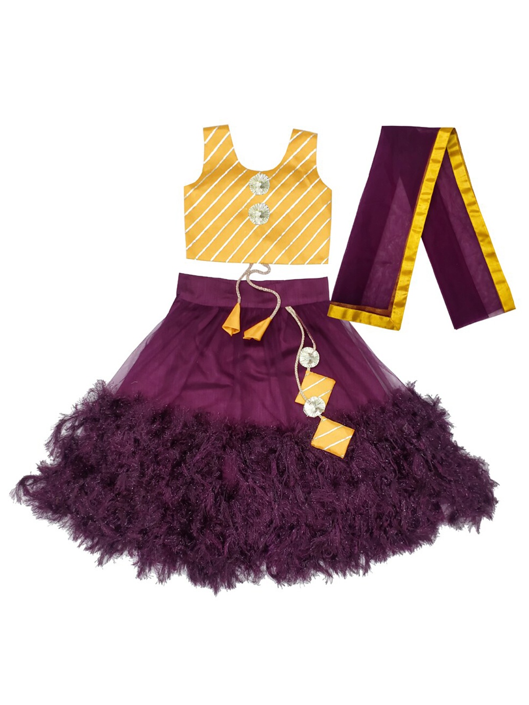 

BAESD Girls Fringed Detail Lehenga & Striped Blouse With Dupatta, Magenta