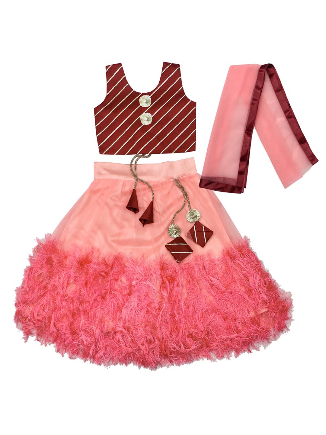 

BAESD Girls Fringed Detail Lehenga & Striped Blouse With Dupatta, Peach