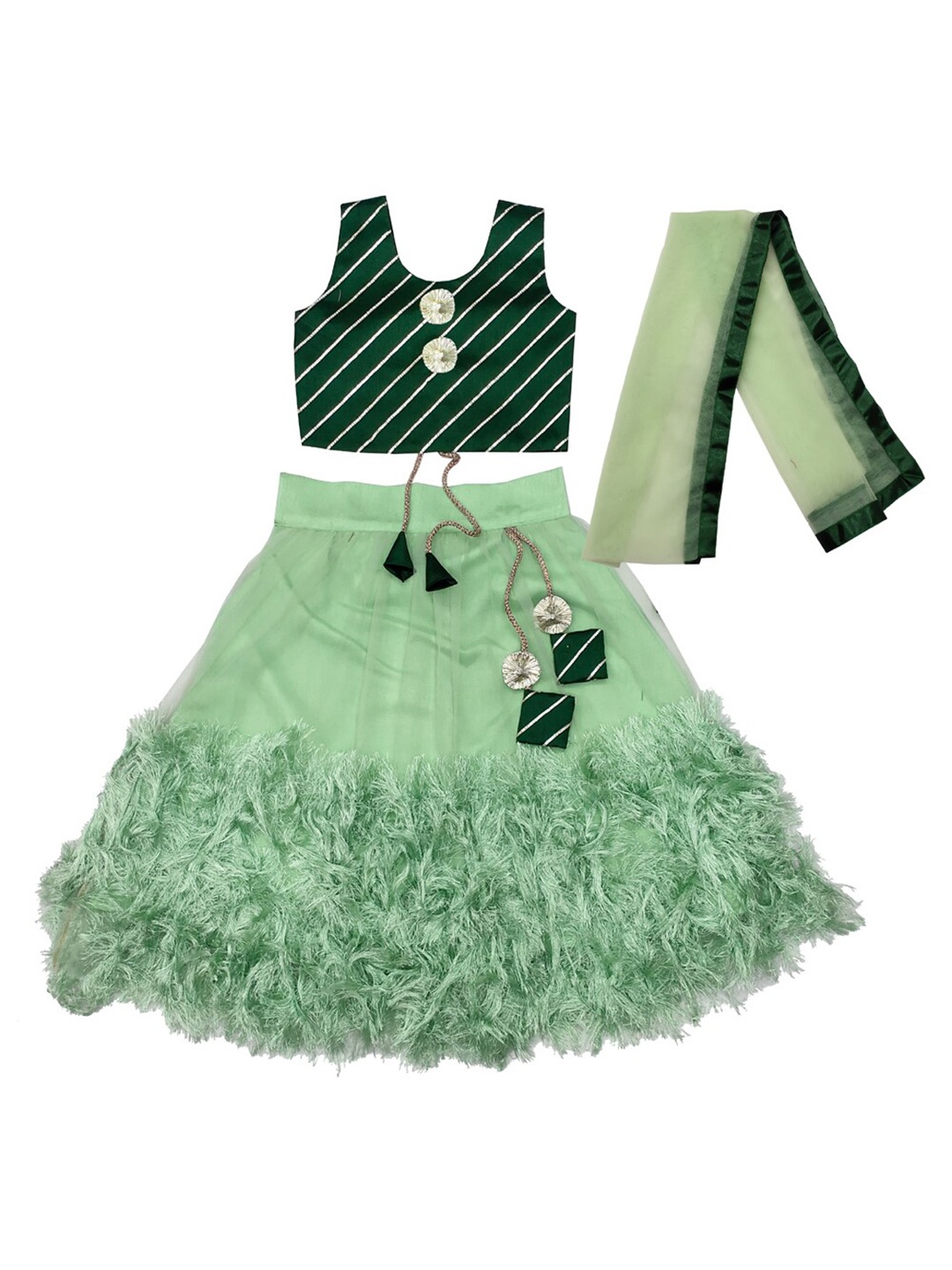 

BAESD Girls Fringed Detail Lehenga & Striped Blouse With Dupatta, Fluorescent green