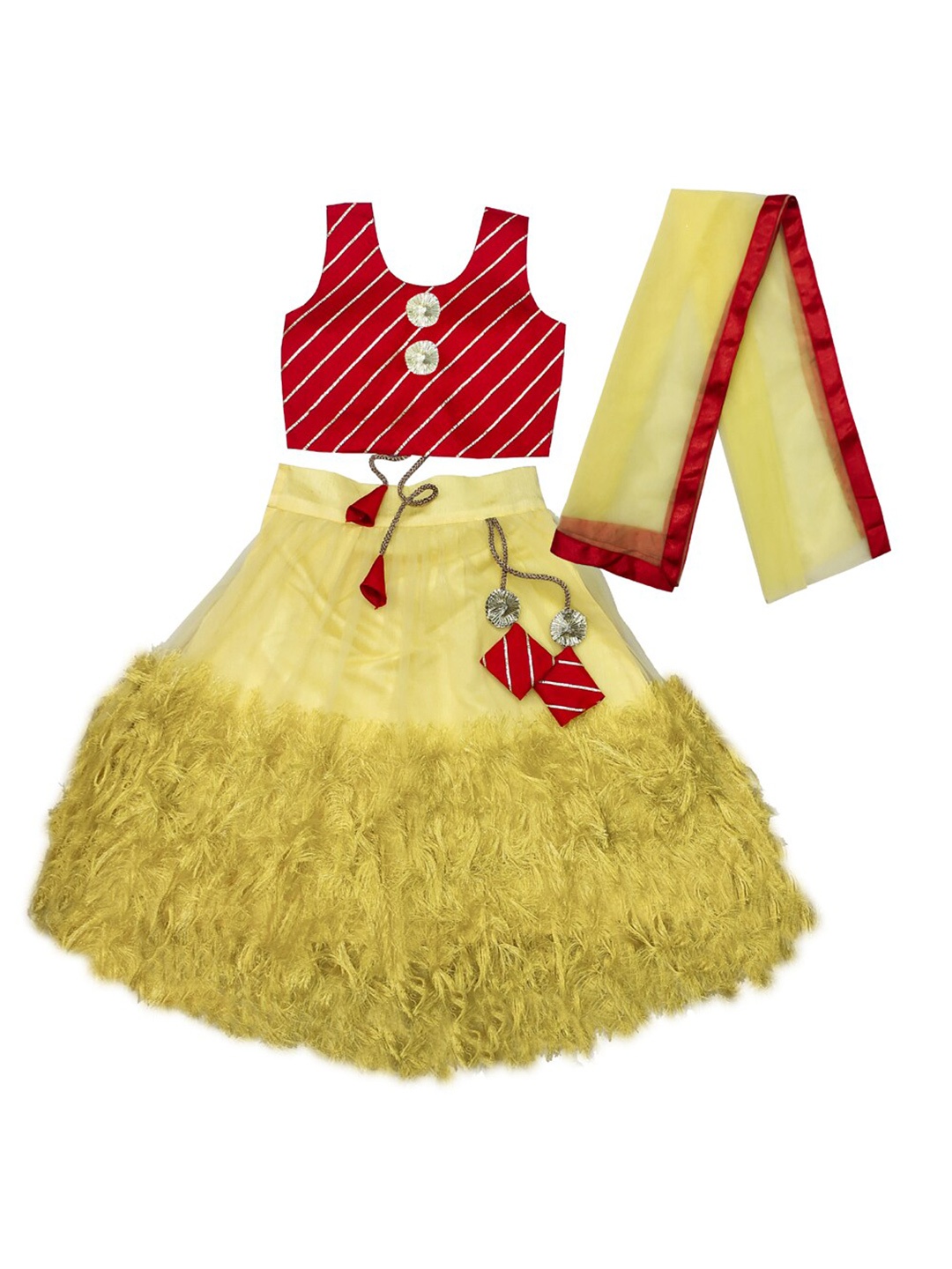 

BAESD Girls Fringed Detail Lehenga & Striped Blouse With Dupatta, Yellow