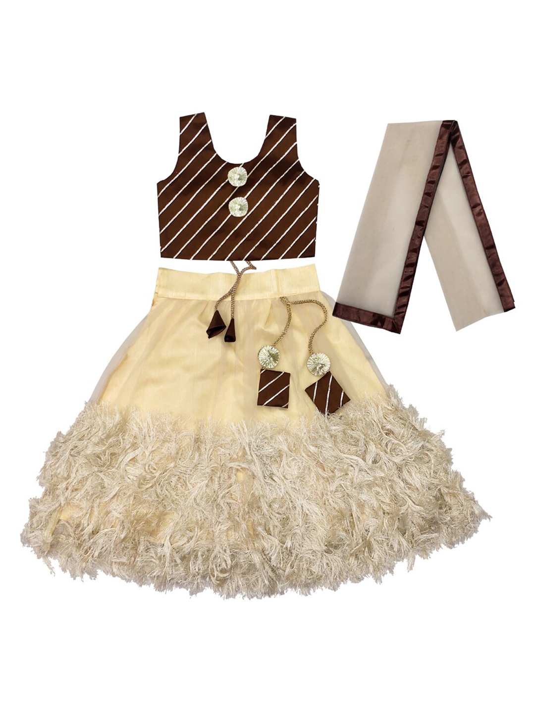 

BAESD Girls Fringed Detail Lehenga & Striped Blouse With Dupatta, Beige