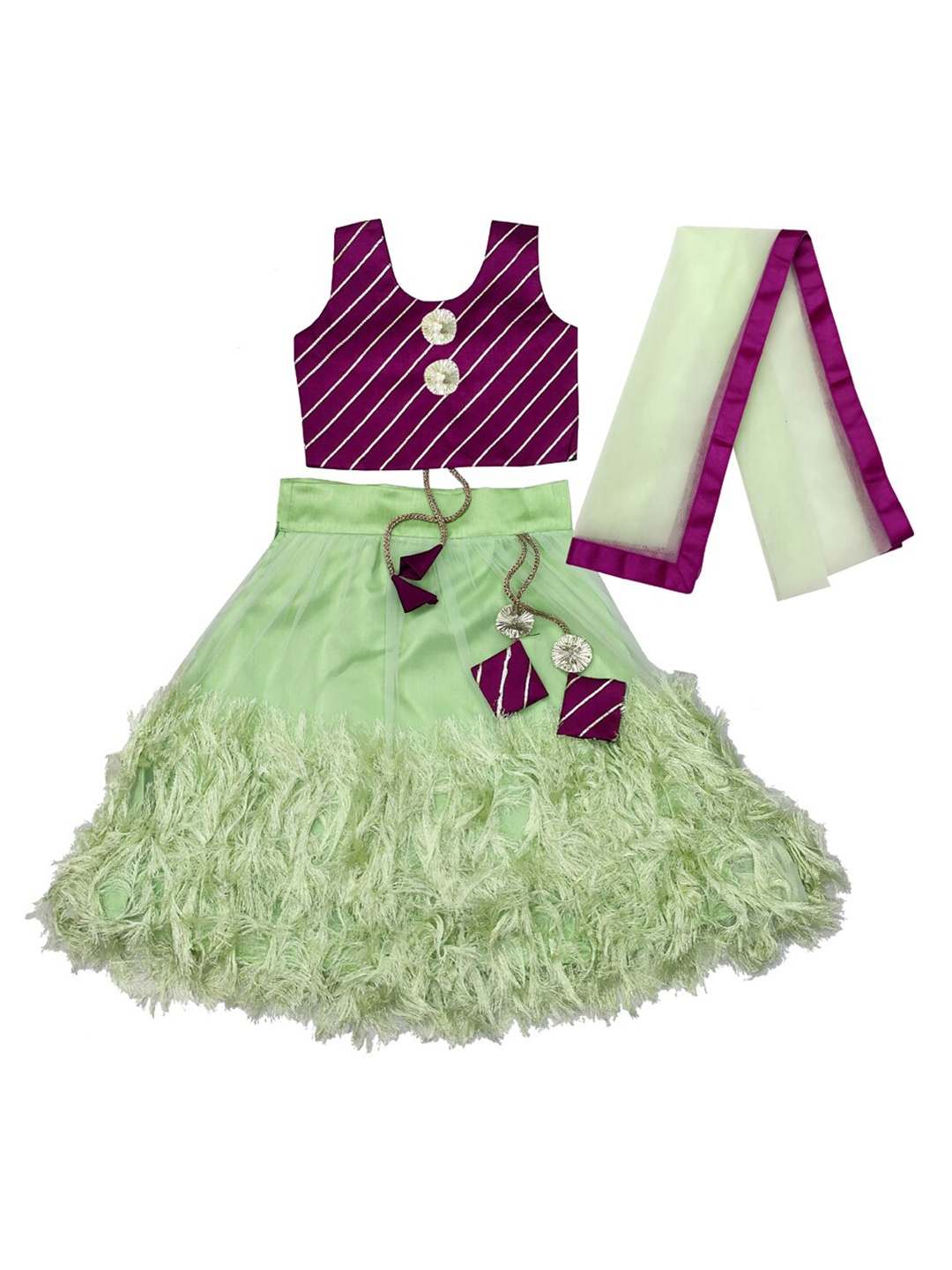 

BAESD Girls Fringed Detail Lehenga & Striped Blouse With Dupatta, Fluorescent green