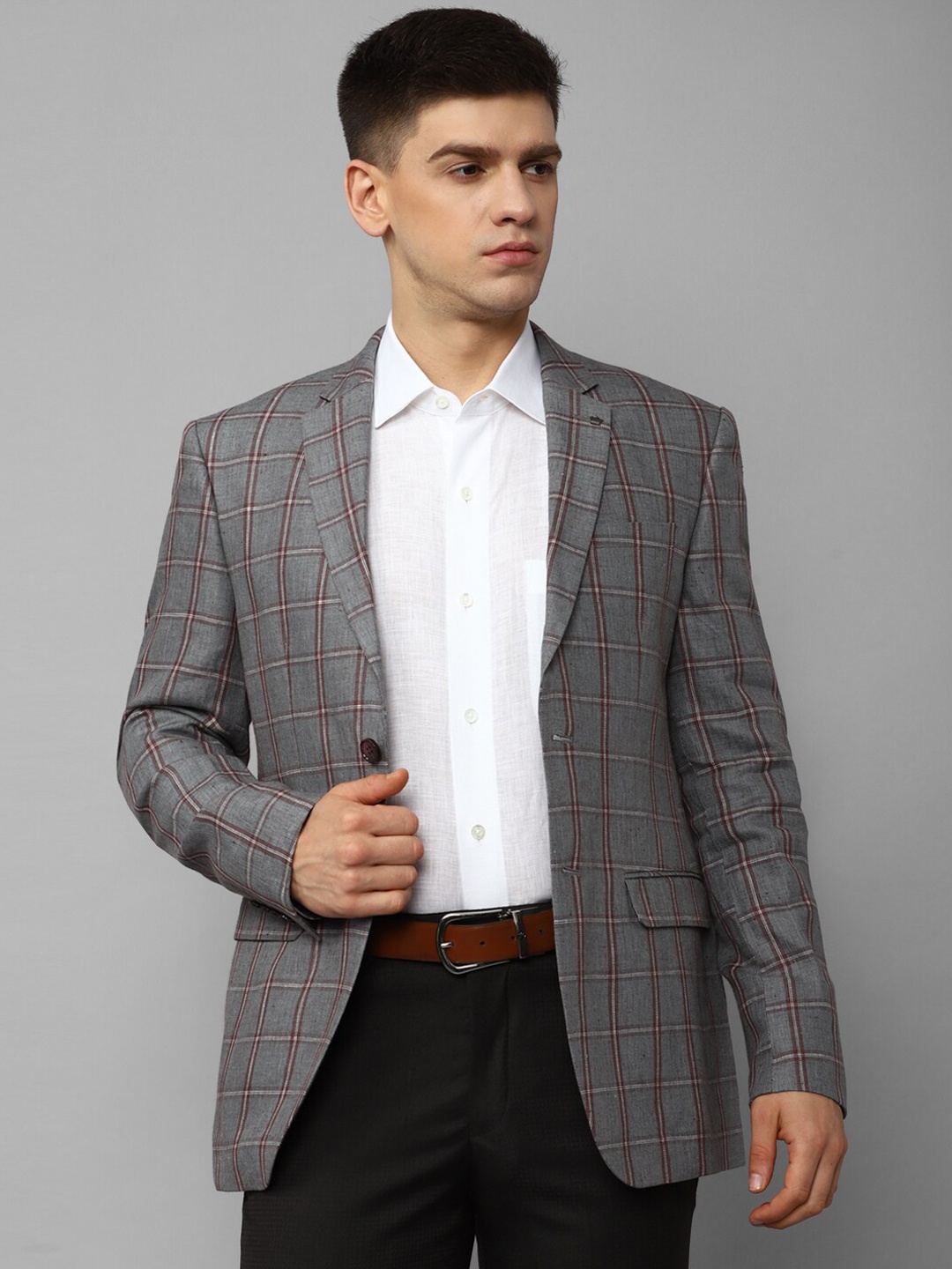 

Louis Philippe Slim-Fit Checked Single-Breasted Pure Linen Blazer, Grey