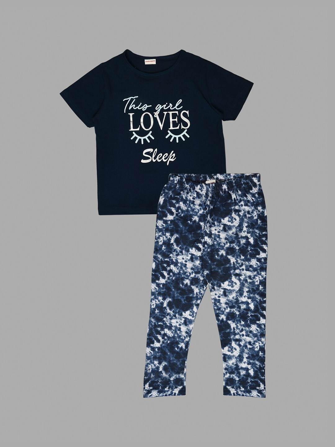 

RAINE AND JAINE Girls Typography Printed Pure Cotton Night suit, Navy blue