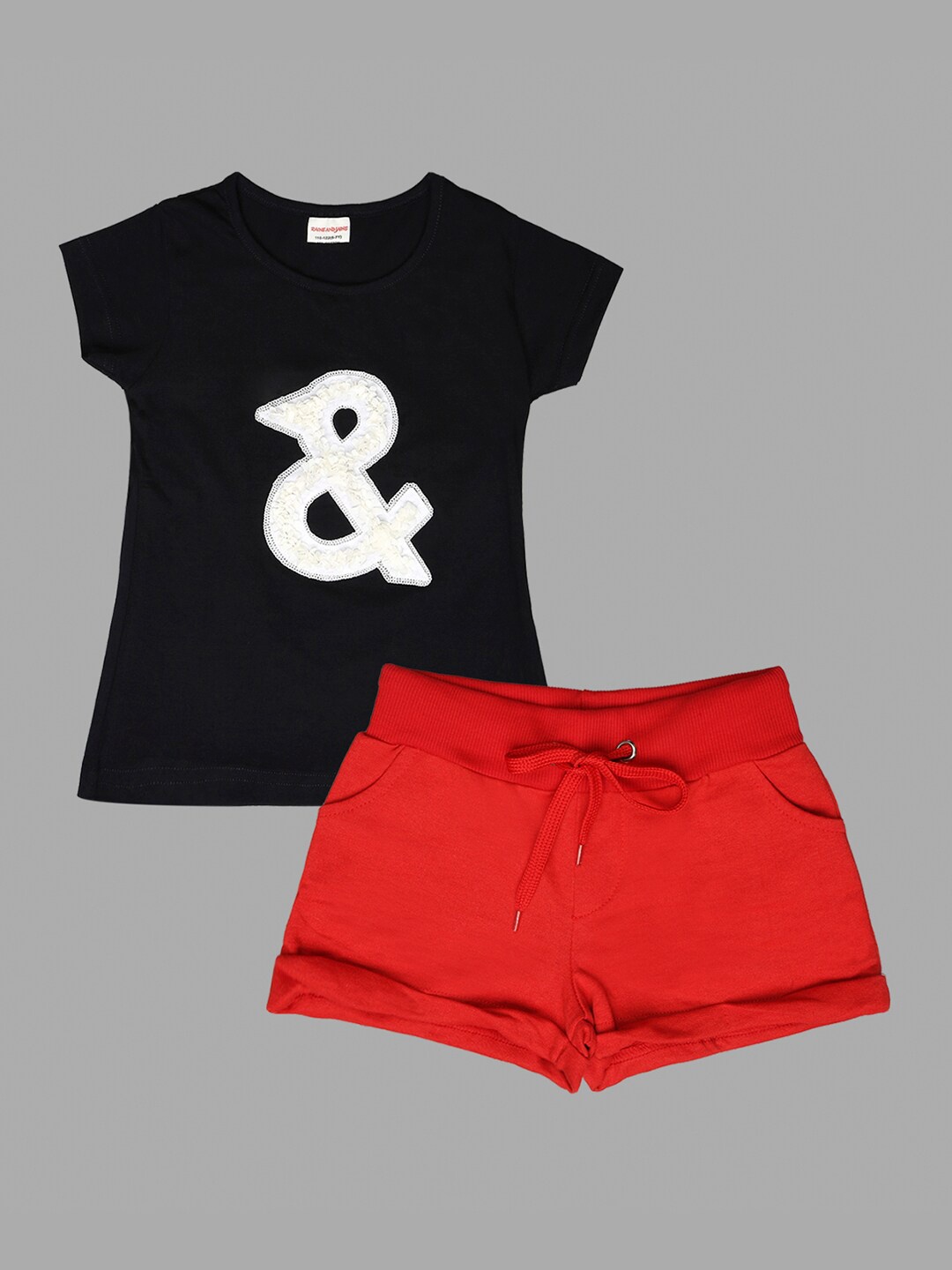 

RAINE AND JAINE Girls Typography Printed Pure Cotton T-shirt with Shorts, Navy blue
