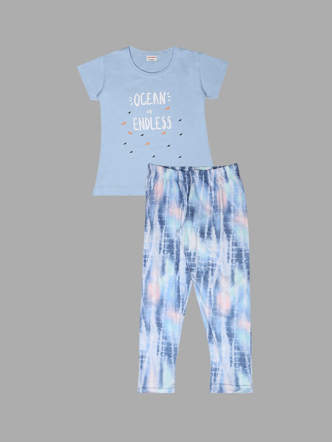 

RAINE AND JAINE Girls Typography Printed Pure Cotton T-Shirt & Pyjamas, Blue