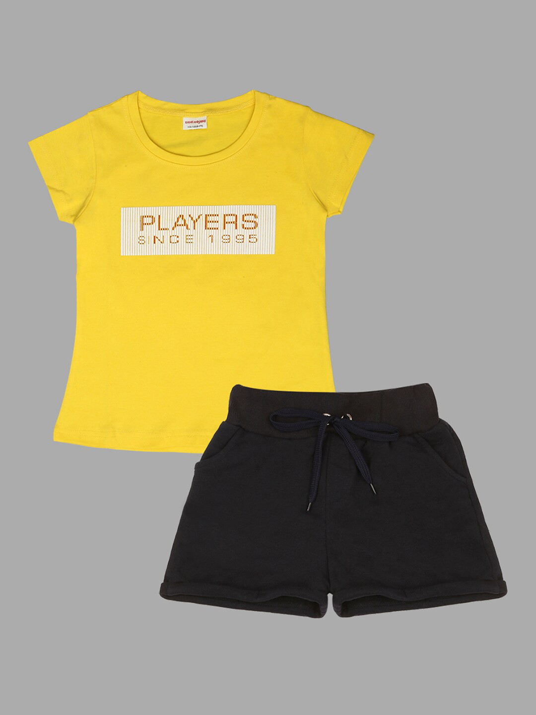 

RAINE AND JAINE Girls Typography Printed Pure Cotton T-shirt with Shorts, Yellow