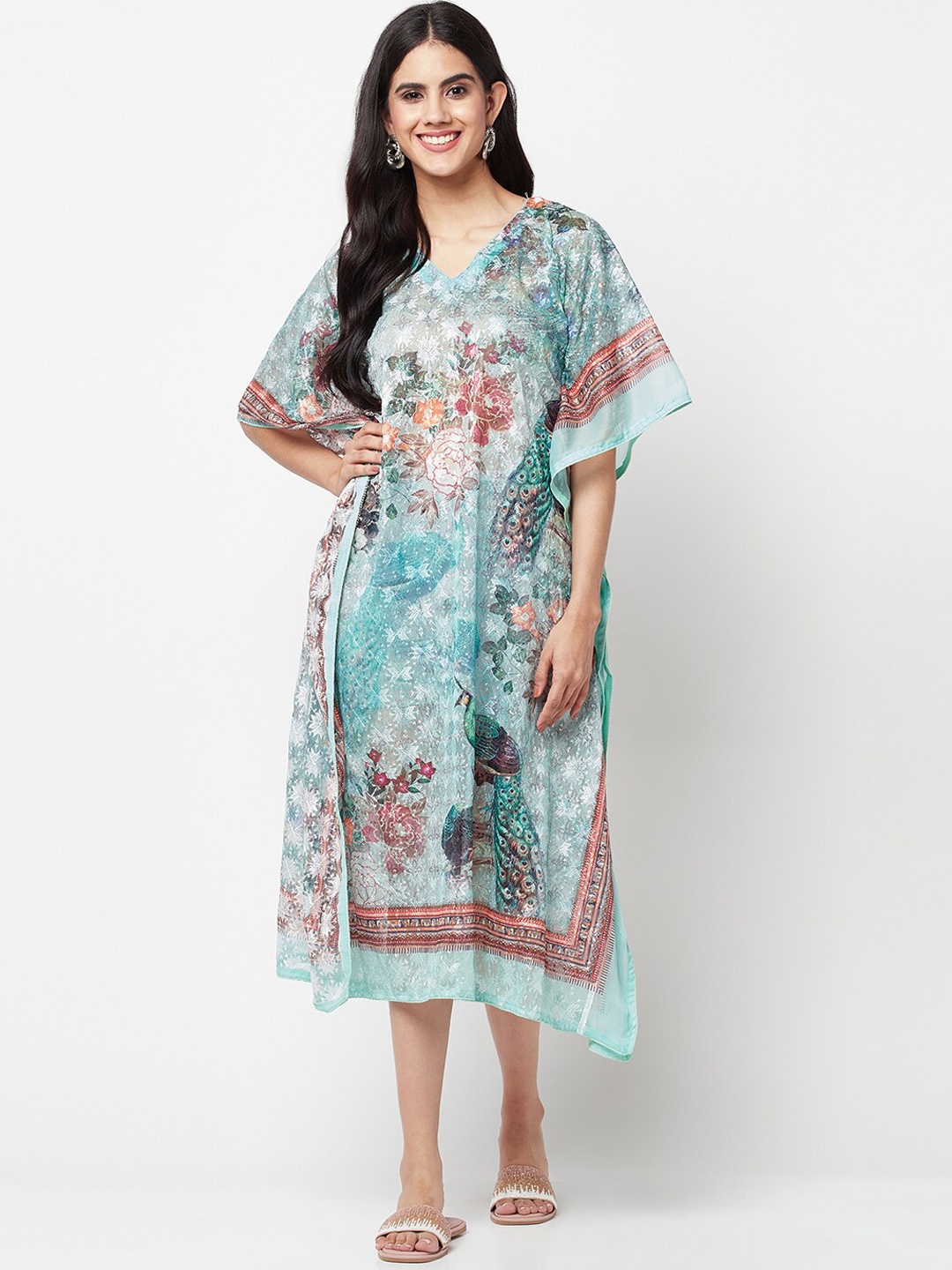 

La Vastraa Floral Printed Midi Length Kaftan Dress, Green