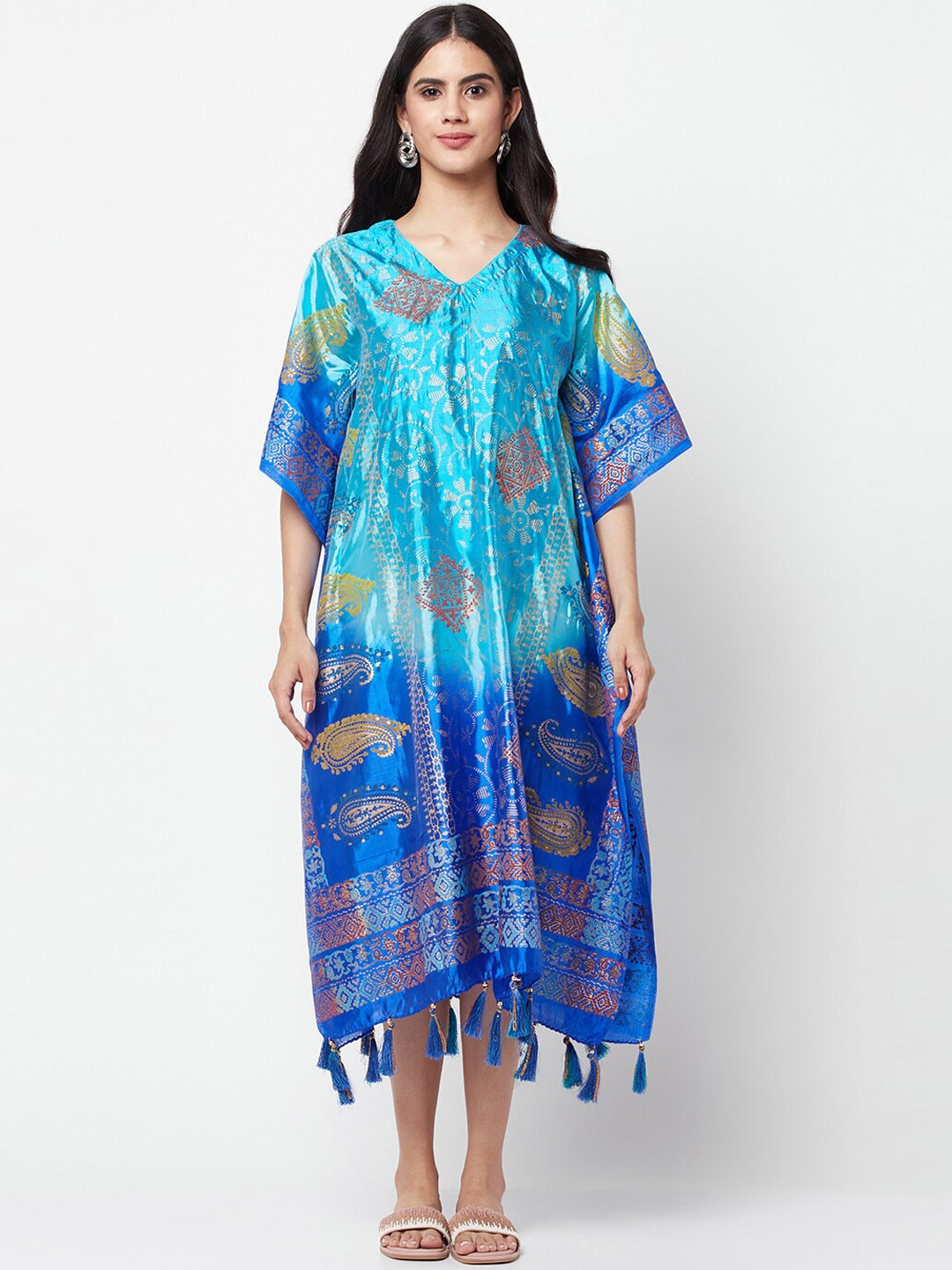 

La Vastraa Hand Painted Silk Kaftan Ethnic Dresses, Blue