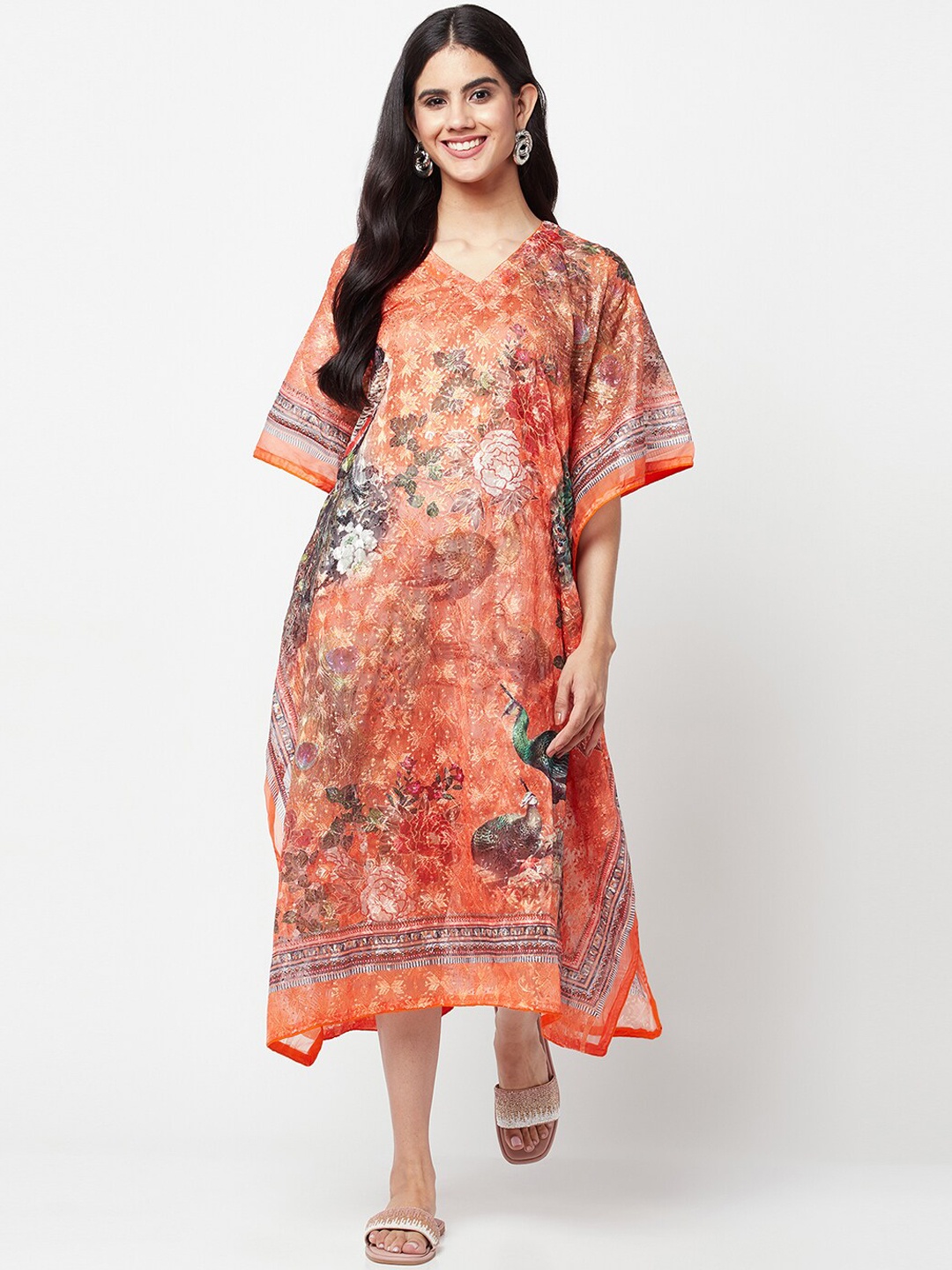 

La Vastraa Floral Printed Midi Length Kaftan Dress, Orange