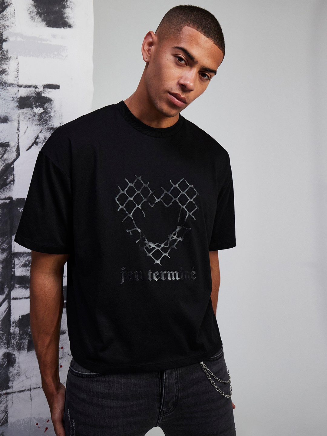 

boohooMAN Printed Boxy T-shirt, Black