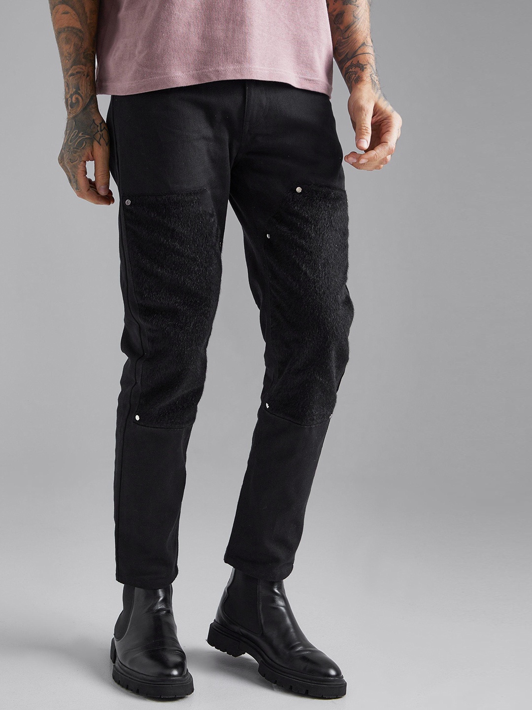 

boohooMAN Men Slim Fit Faux Fur Panel Pure Cotton Jeans, Black