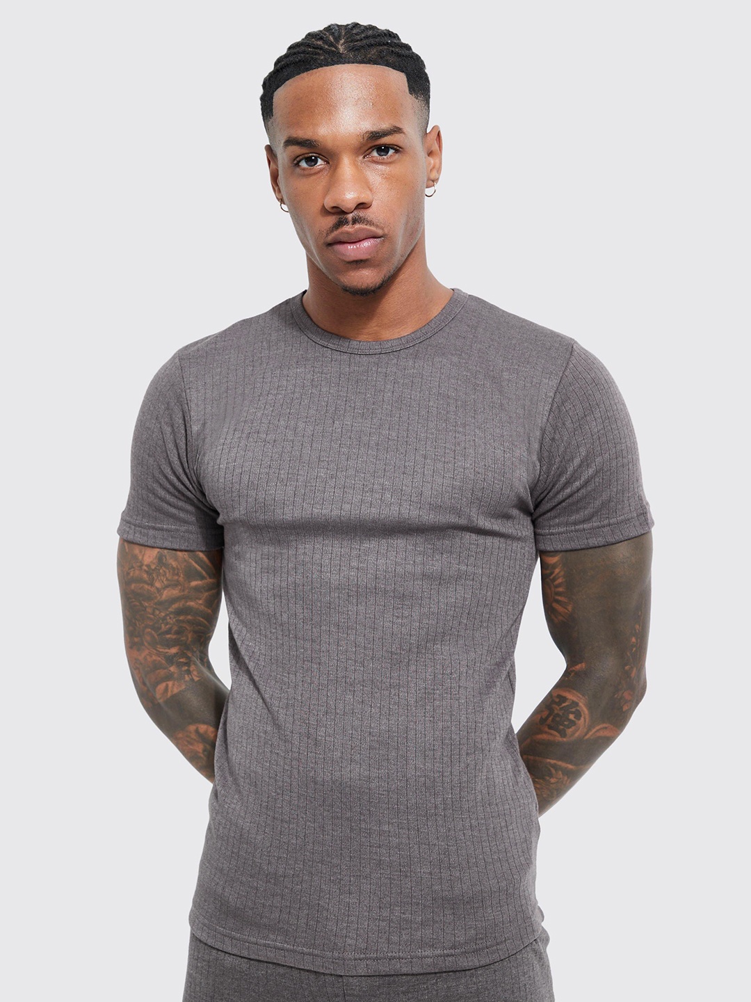 

boohooMAN Ribbed Thermal T-shirt, Charcoal