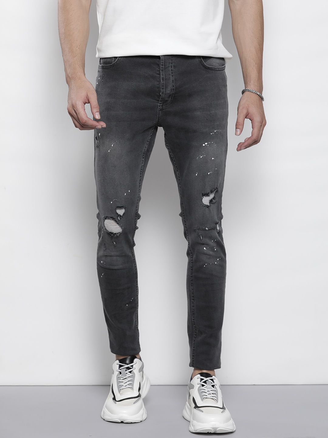 

boohooMAN Super Skinny Fit Mildly Distressed Light Fade Jeans, Charcoal