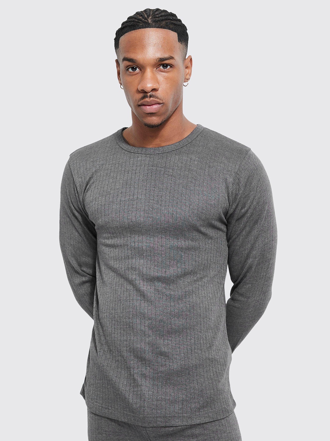 

boohooMAN Ribbed Thermal T-shirt, Charcoal