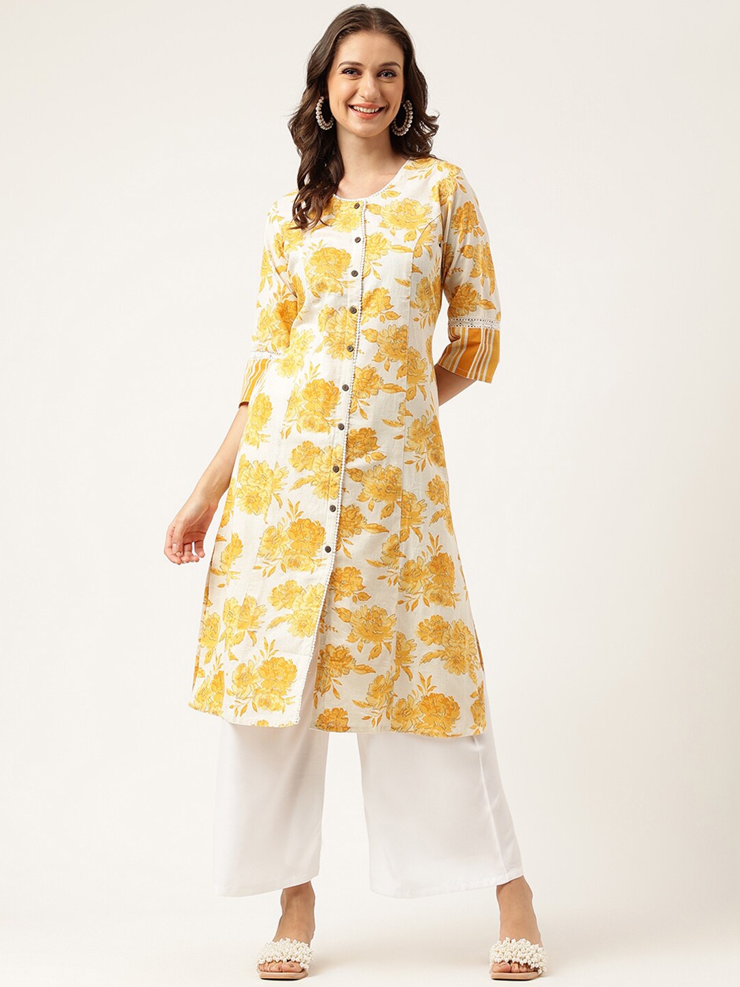 

Divena Floral Printed Mandarin Collar A-Line Cotton Kurta, Mustard