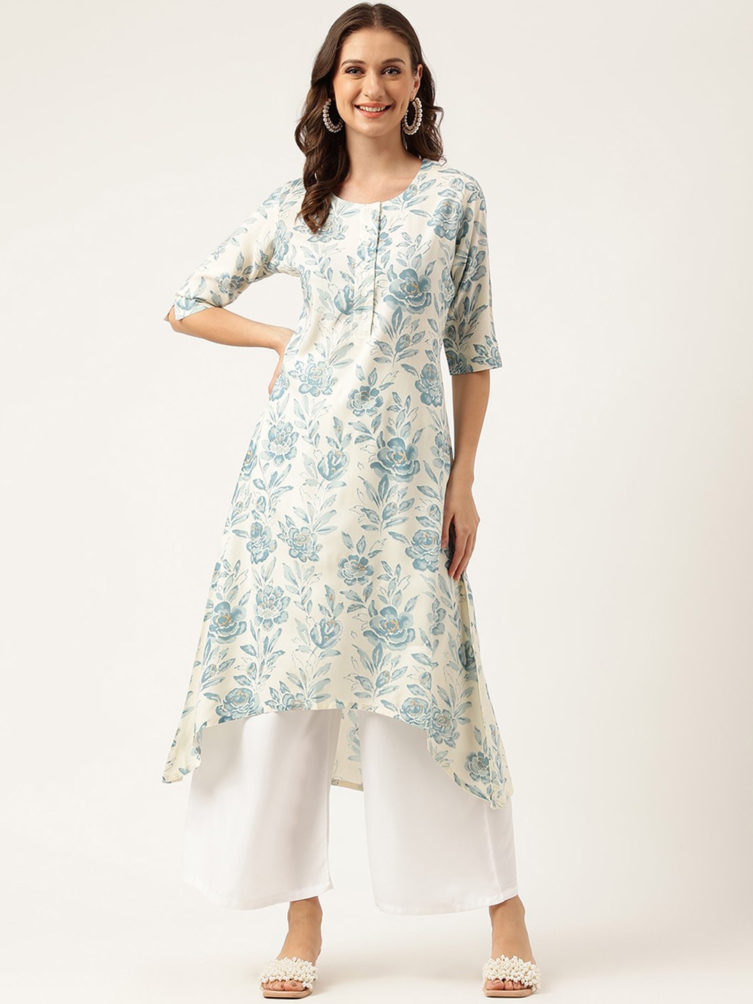 

Divena Floral Printed Asymmetric A-Line Cotton Kurta, White