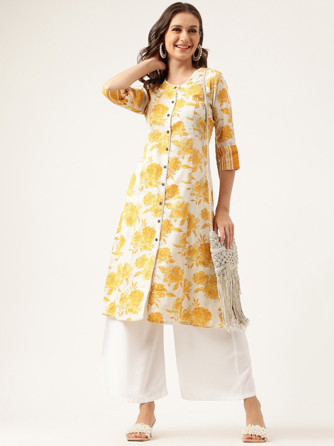 

Divena Floral Printed Cotton A-Line Kurta, Mustard