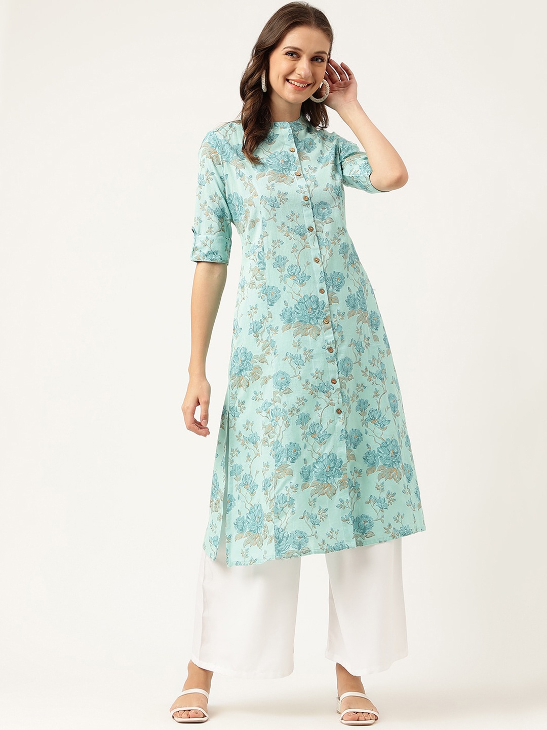 Divena Floral Printed Roll-Up Sleeves A-Line Cotton Kurta, Sea green